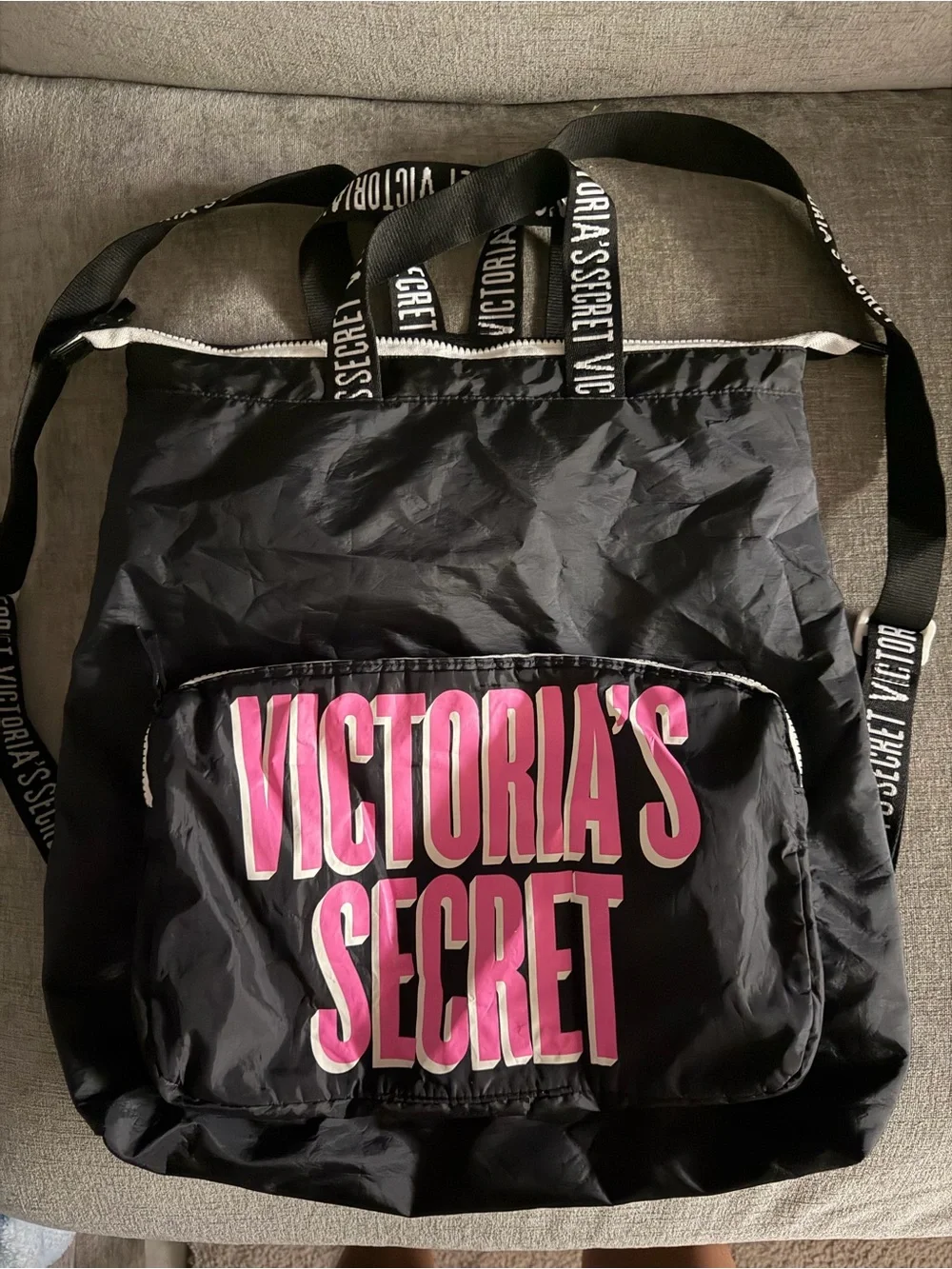 Victoria's Secret Black Tote with Pink Logo Front Pocket